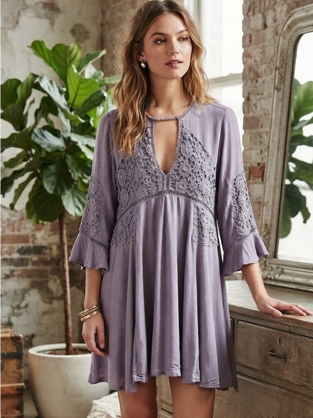 Free People Lilac Crochet Lace Tunic Dress Boho Small